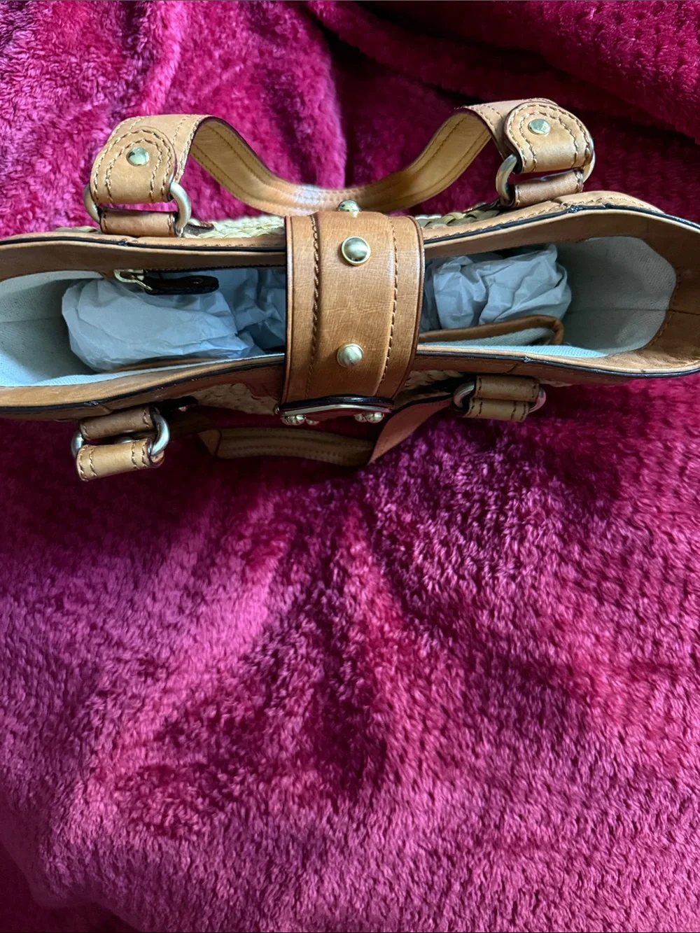 Michael Kors Basket Weave Straw Mini Tote with Tan Leather Trim.